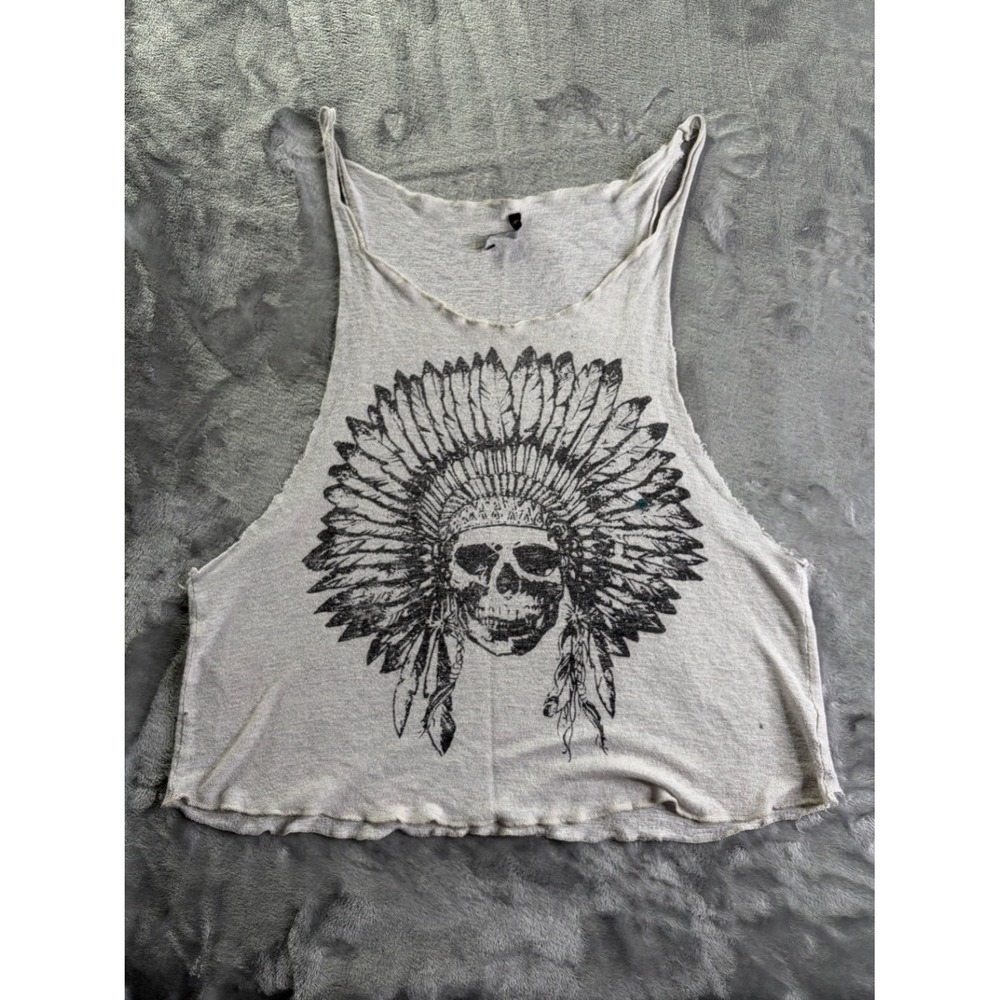Love Culture Women Size M Gray Skull Headdress Graphic Muscle Tank Top Raw Hem